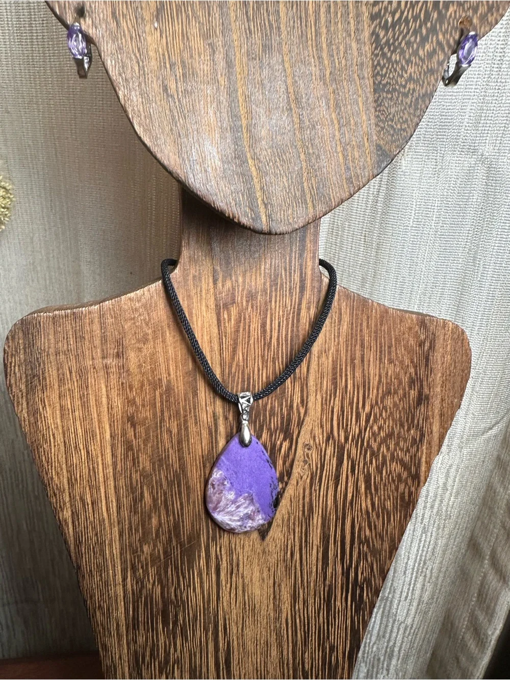 Charoite Teardrop Necklace on Sterling Silver Bail and Black Rope